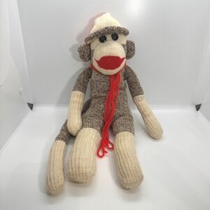 Vintage Handmade Sock Monkey Plush Brown Heathered Knit 18 Inch Red Scarf Hat